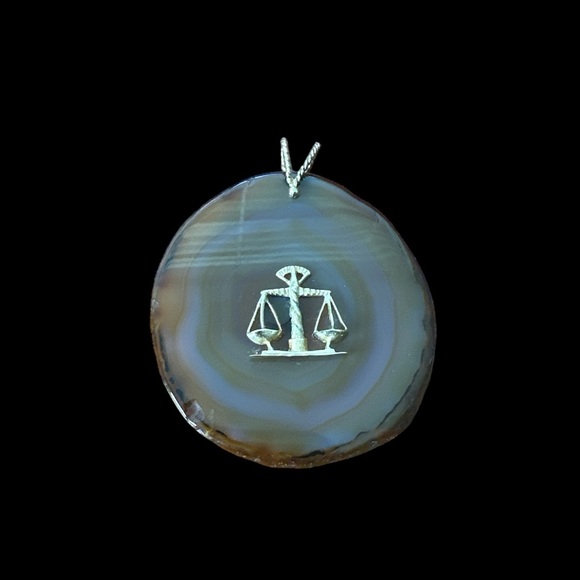 Large 14k Petrified Wood Libra Scales of Justice Pendant - Picture 2 of 3